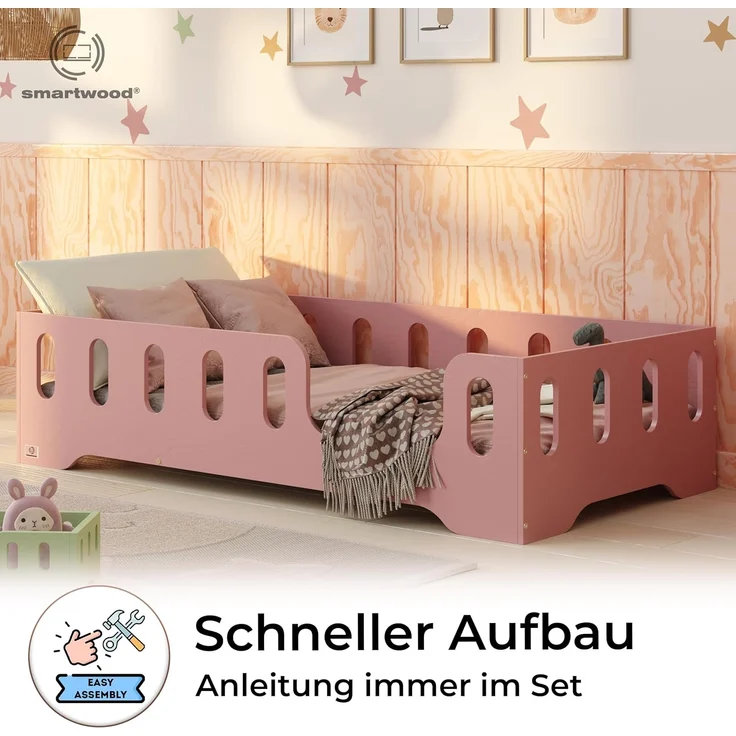 smartwood Kinderbett Bodenbett 100x180 mit Rausfallschutz & Lattenrost - Rosa - Kinder Montessori Bett TILA 2P mit glatten Kanten - Betten für schnelle Montage - Bis 230 kg belastbar – Bild 4