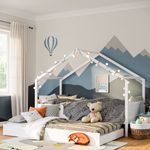 Bellabino 'Bela' Hausbett 90x200 cm mit Gästebett 90x190 cm, weiß, Kiefer Massivholz, Montessori Kinderbett mit Ausziehbett, inkl. Rausfallschutz und Lattenrost