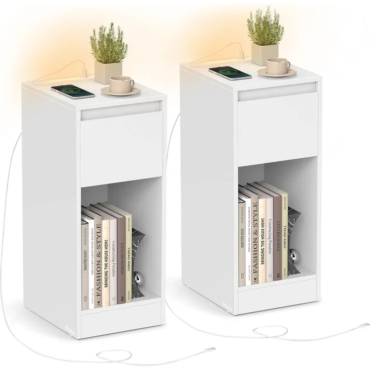 VASAGLE Nachttisch 2er Set, schmal, Beistelltisch, LED-Beleuchtung, 1 USB-A-Anschluss, 1 USB-C-Anschluss, Schublade, offenes Fach, für Schlafzimmer, Wohnzimmer, wolkenweiß LETDE710W01
