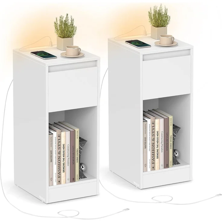 VASAGLE Nachttisch 2er Set, schmal, Beistelltisch, LED-Beleuchtung, 1 USB-A-Anschluss, 1 USB-C-Anschluss, Schublade, offenes Fach, für Schlafzimmer, Wohnzimmer, wolkenweiß LETDE710W01 – Bild 1