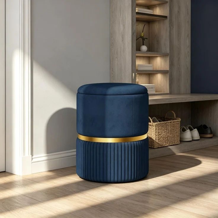 Hocker Fußhocker mit Stauraum aus Kord, 36 x 36 x 44 cm, für Wohnzimmer und Schlafzimmer(nur mit Hocker Fußhocker)--Blau--36x36x44cm--YOUDENOVA – Bild 3