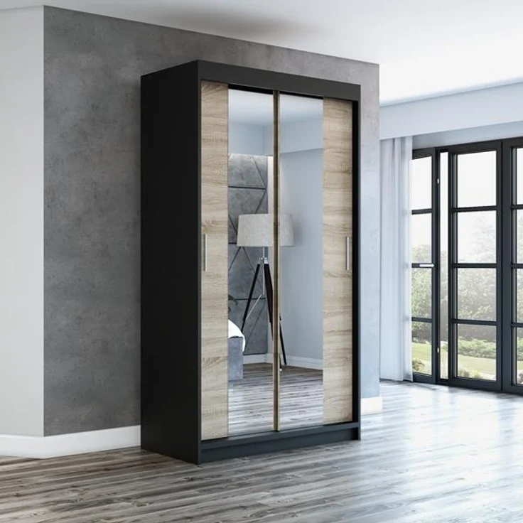 Schwebetürenschrank NEO 2-türig Schrank 120 cm (mit Spiegel) Farbe: Schwarz , sonoma – Bild 2