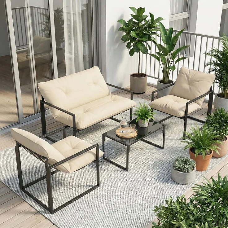 4-teiliges Gartenset mit Sitzbank, 2 Sesseln und Beistelltisch, aus Stahl, Polyester und Baumwolle (PP), beige und grau – Bild 3