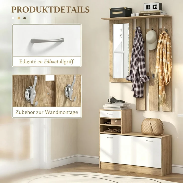 Flur Garderobenmöbel mit Kleiderhaken-Paneel, Spiegel und Schuhbank, 6 Haken und verstellbares Regalbrett(nur mit Flur Garderobenmöbel)--Natur, Weiß--90x10x91cm--YOUDENOVA – Bild 5