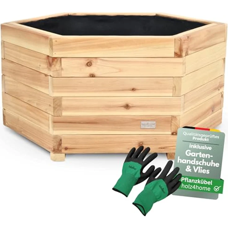 holz4home® Pflanzkübel 6-eckig aus Tannenholz I Outdoor Blumenkübel für Garten Balkon, inkl. Gartenhandschuhe & Vlies – Bild 2