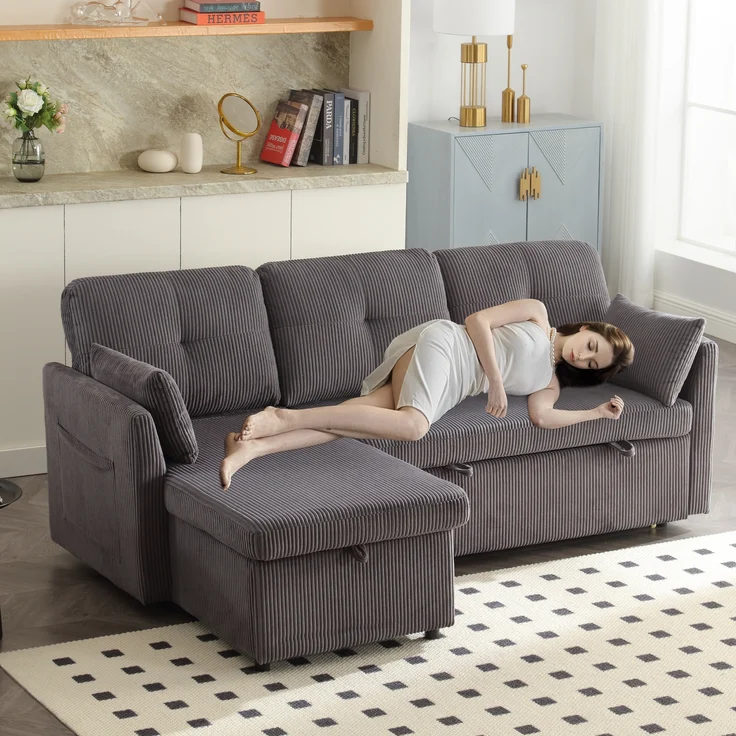 LVHOM Ecksofa mit Schlaffunktion L-Form, Sofa mit Bettkasten, Wohnzimmersofa mit Seitentasche, Couch Samtstoff, Bettsofa, 3 Sitzer – Bild 7