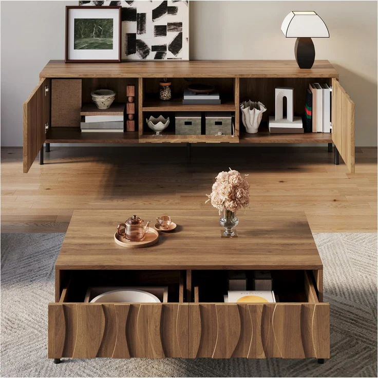 STILVORA Wohnzimmer-Set, 2-teiliges Couchtisch und TV-Ständer-Kombination mit Stauraum und Wellenmuster in Natur