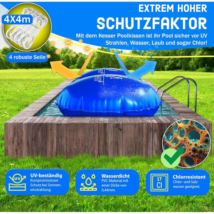 KESSER® Poolkissen Winter | Poolabdeckung mit Doppelnaht Whirpools | Luftkissen Pool Abdeckung Überwinterung | Abdeckung Einbaupools Winter | PVC wasserdicht & UV-beständig mit 4x Seile Blau, 400cm, Rund – Bild 6