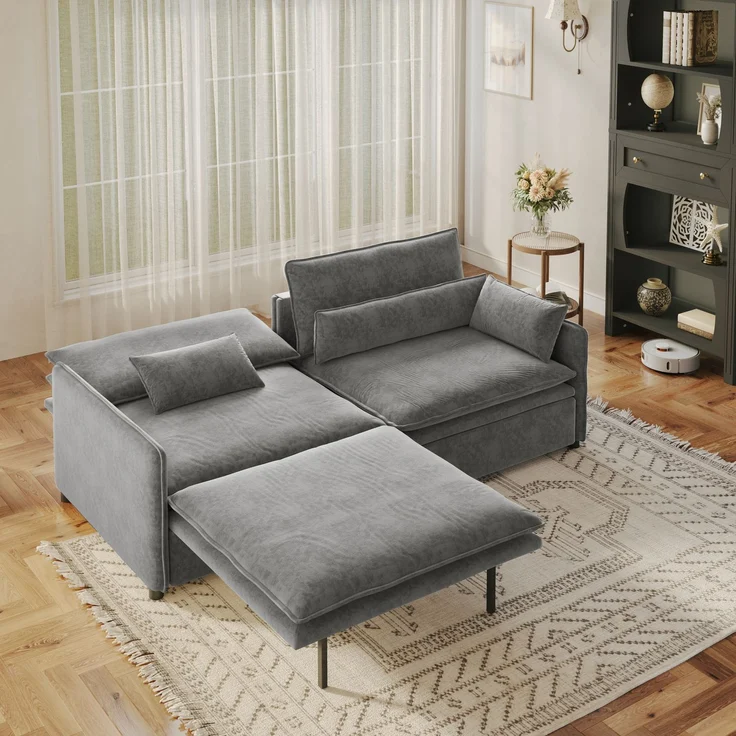 EINHOM 206 cm 3-Sitzer Chenille-Wolken-Sofa, 3-in-1 ausziehbares Schlafsofa mit Staufach, verstellbarer Rückenlehne, 2 beweglichen Armlehnkissen, geeignet für Wohnzimmer, Apartment, Schlafzimmer, hellgrau – Bild 5