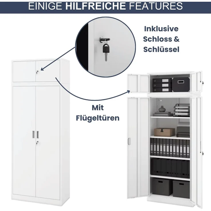 Schrankerweiterung Aktenschrank mit 2 Flügeltüren | Zusatzschrank für Büroschrank Extraschrank Stahl Mehrzweckschrank klein Werkstatt, 38x80x40cm Weiß – Bild 5