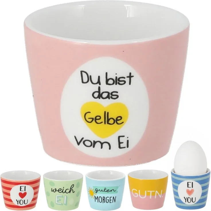 CEPEWA Eierbecher Eierbecher 6er Set 6 Motive Steingut bunt 5x4cm Gute Laune Sprüche