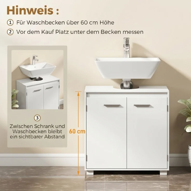 Waschbeckenunterschrank 60 x 30 x 60 cm in Weiß mit verstellbarem Regal und U-Ausschnitt – Bild 2