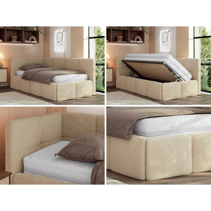 Jugendbett 90x200 ARVO Polsterbett mit Bettkasten, Stauraum & Gasdruckfeder, Modernes Design mit Kopfteil, Pocket Matratze - Beige Plüsch - VIRE LUX - Links Seite – Bild 2