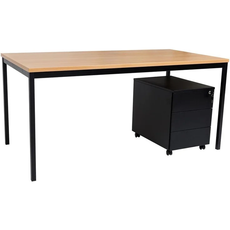 Schreibtisch und Stahl Rollcontainer, 3 Schübe, Buche, 160x80x75 cm – Bild 2