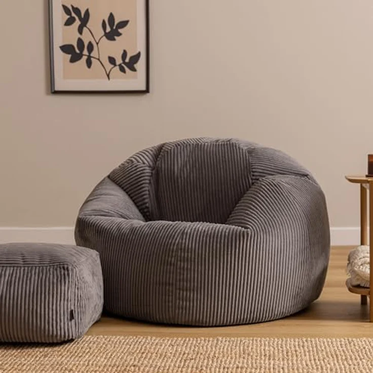 Icon Kingston XXL Sitzsack Cord mit Hocker, Dunkelgrau, Sitzsack Erwachsene mit Füllung, Bean Bag, Cord Sessel, Lounge Sessel, Lounge Stuhl, Schlafzimmer, Wohnzimmer, Wohnzimmer Möbel – Bild 5