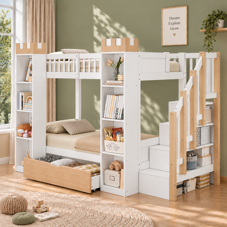 Etagenbett mit 2 Liegeflächen à 90×200 cm, Rausfallschutz und Stauraumtreppe, Weiß, ohne Matratzen