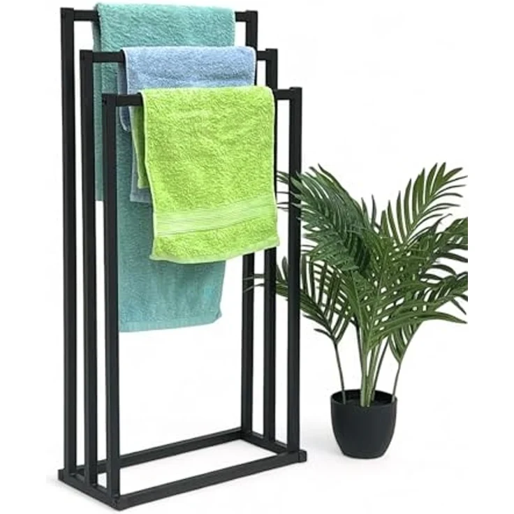 DanDiBo Handtuchhalter Stehend Handtuchständer Freistehend Schwarz Matt Metall 96498 Badetuchhalter mit 3 Handtuchstangen Badezimmer Badezimmermöbel Modern – Bild 1