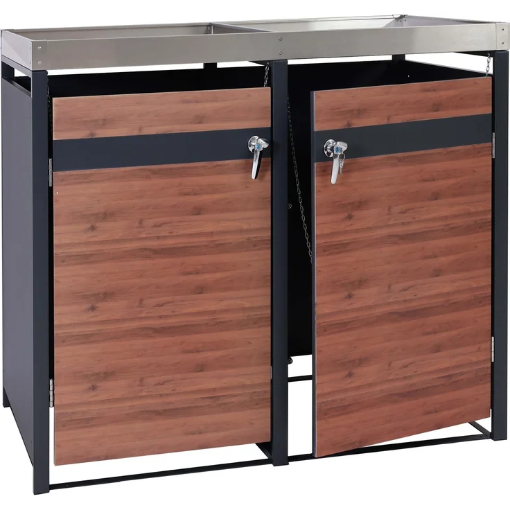 2er Mülltonnenverkleidung mit Pflanzkasten HWC-J82, erweiterbar, Metall 59kg, anthrazit ~ Kirsche-Holzoptik dunkelbraun – Bild 9