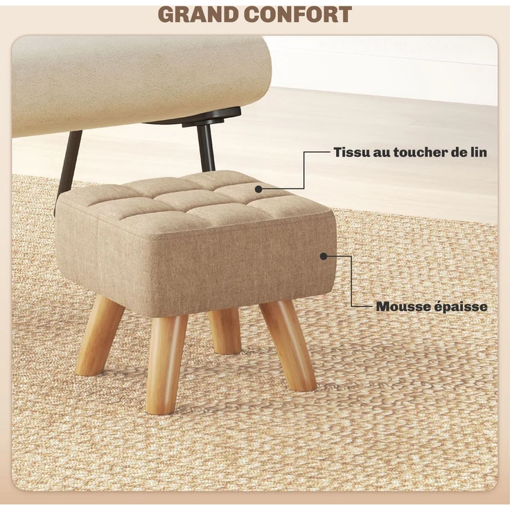 Fußhocker für das Wohnzimmer, gepolsterter Sitz aus Stoff mit Holzbeinen, 27 x 27 x 26 cm, hellbraun – Bild 7