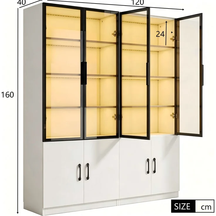 Vitrine 120 x 40 x 160 cm mit LED-Beleuchtung und Rauchglas – weißer Korpus mit Stauraum – Bild 4