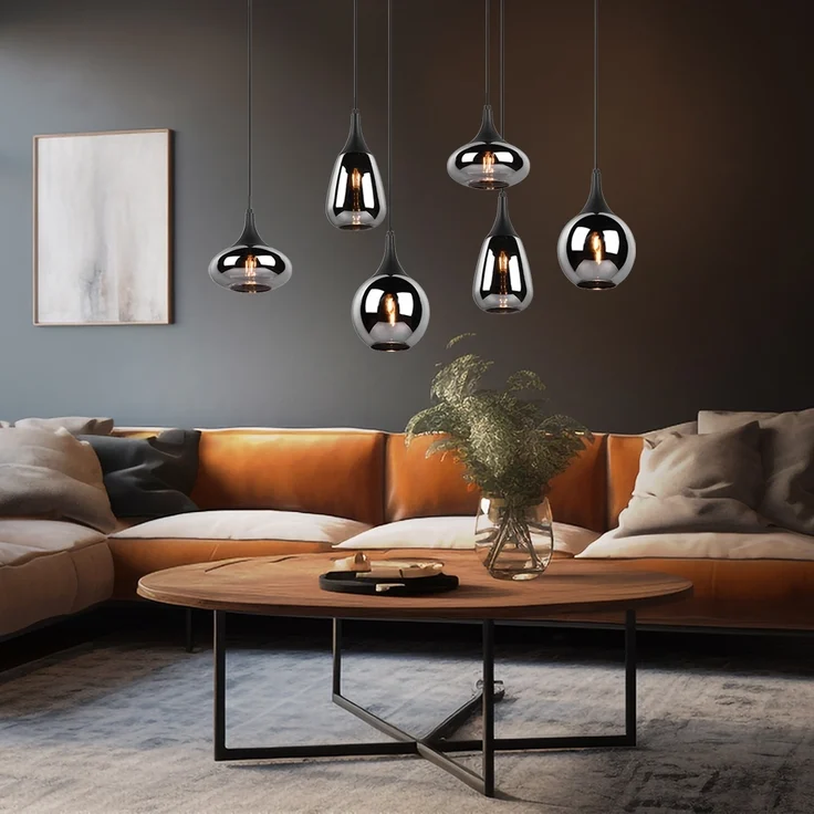 Hängeleuchte, Metall schwarz, Glas chrom, 6 Flammig, H 150cm – Bild 6