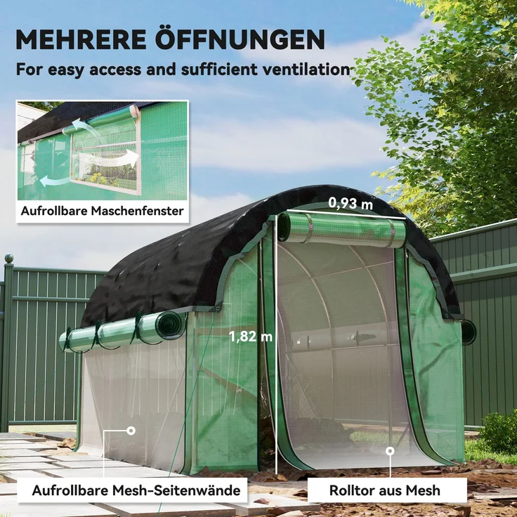 Wohnora-Gewächshaus 3 x 2 x 2 m Foliengewächshaus mit 6 Fenster, Rolltüren, Aufrollbar Seitenwänden, UV-beständiger Folientunnel, Winterfest Tomatenhaus mit Erdanker, Grün,H 198cm x T 300cm x B 200cm – Bild 5