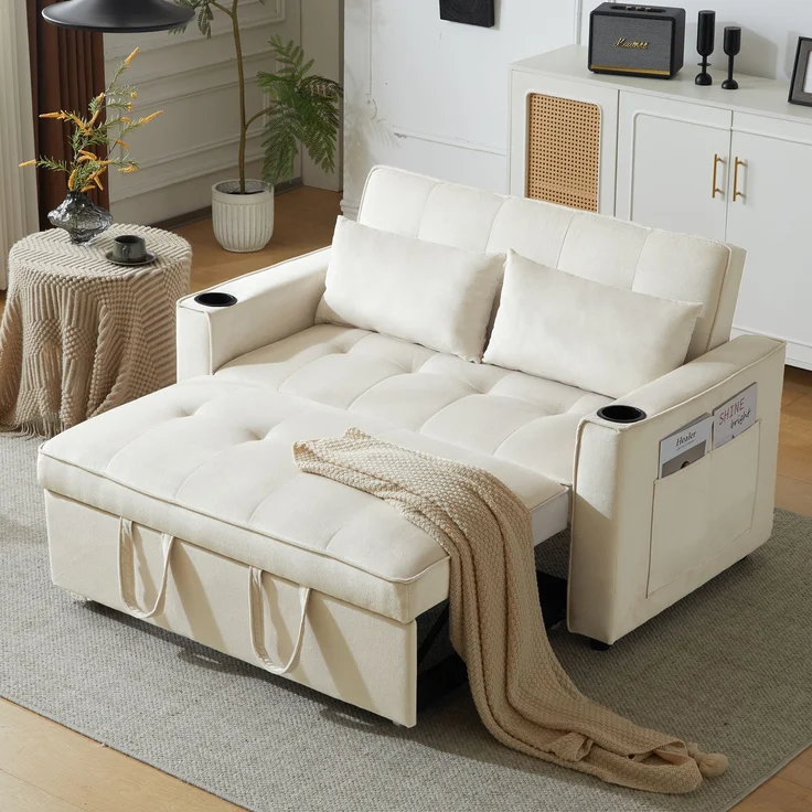 Schlafsofa 2-Sitzer mit verstellbarer Rückenlehne, Samtbezug & Getränkehaltern – Modernes Sofa mit Bettfunktion und Stauraum,Beige – Bild 2
