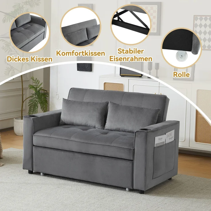 Schlafsofa Samt 3-in-1 verstellbar, 137 x 76.5 x 83 cm – Zweisitzer mit ausziehbarer Liege & Getränkehaltern – Bild 5
