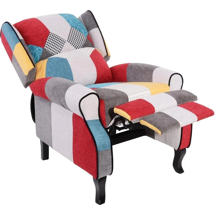 BAKAJI Sedia Poltrona Reclinabile Toppe Seduta Comoda Struttura Legno Lehnstuhl Patchwork Patches Design bequemer Sitz Struktur Holz, Canvas, braun, Standard – Bild 4