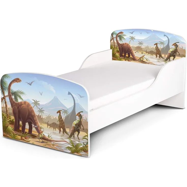 Holz Funktionsbett f³r Kinder - Dinosaurier Jurassic - Kinderbett mit Matratze und Lattenrost (140/70 cm)