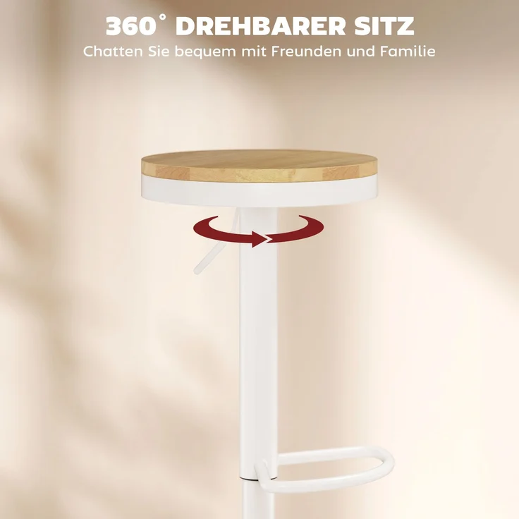 Barhocker 2er Set, Höhenverstellbar 360° Drehbar Barstuhl mit Stahlgestell Fußstütze 38,5x38,5x60-80 cm Naturholz+Weiß--Naturholz + Weiß--80x38.5x38.5cm--YOUDENOVA – Bild 7