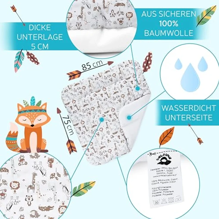 Balbina® Wickelunterlage aus Baumwolle weiche Wickeltischauflage für Wickelkommoden waschbar 75x85 I Tiere im Zoo – Bild 4