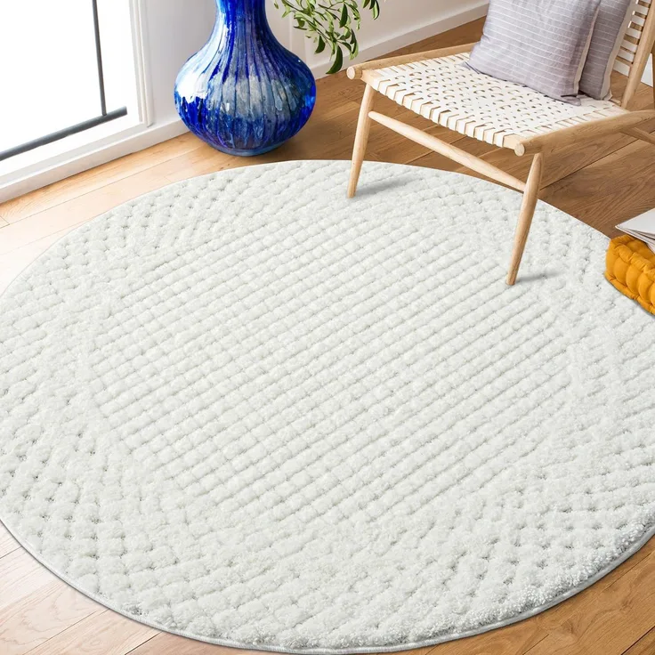 Teppich Rund - 200x200cm - Hochflor - Boho - Pastell Creme Grau - Einfarbig - Modern Raute Muster- Skandinavisch Flauschig Weich - Schlafzimmer Dekoration