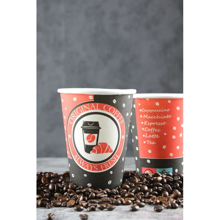200x Kaffeebecher Always Fresh Papierbecher PE beschichtet 12 oz / 340ml Rot-Schwarz – Bild 1