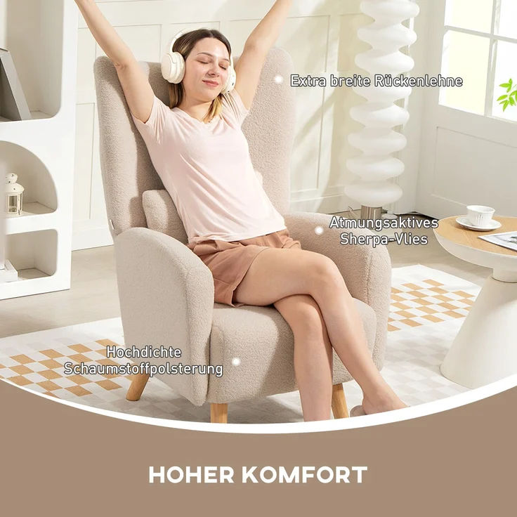 Akzentstuhl, Polstersessel mit Plüschbezug, Schaumstoffkissen, Ohrensessel, Beige--Beige--106x72x77cm--YOUDENOVA – Bild 6