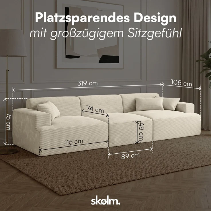 skølm 'Freki' Cloud Sofa 3 Sitzer, Vollschaumcouch mit Federkern und Vakuum-Kompression, kein Aufbau erforderlich, mit 3 Kissen, Cord beige – Bild 8