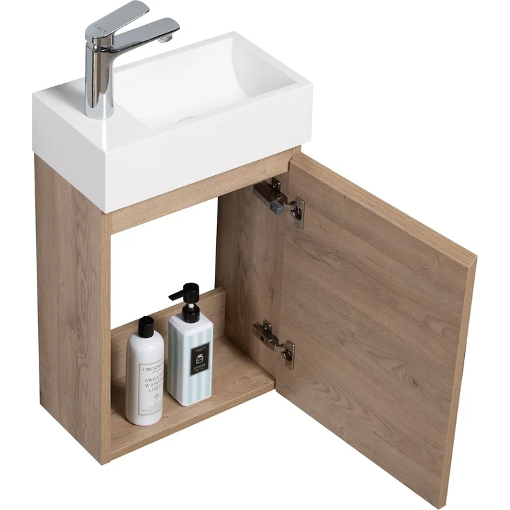 Badplaats Gäste-WC Waschtisch Set Angela 40x22 cm Kastanien Eiche - Platzsparend Badmöbel Set mit Waschbecken und Unterschrank, Soft-Close – Bild 2