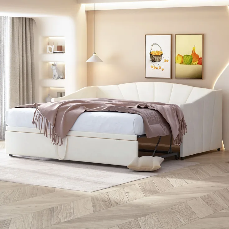 Beige Schlafsofa Mit Ausziehbett 90-180x200 cm Samtbezug Multifunktionsmöbel Platzsparendes Gästebett Mit Lattenrost