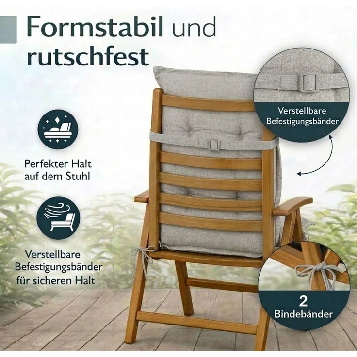 BURI 2x Hochlehner Auflage 117x49x6 cm - wetterfeste Gartenstuhlauflage mit Schaumkern & Vollvlies, Halteband & Bindebänder, bequemes Stuhlpolster für Balkon, Terrasse & Garten (Grau) – Bild 4