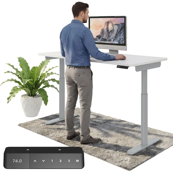 Ergotopia Desktopia One I Elektrisch höhenverstellbarer Schreibtisch I Tischplatte: 120x65cm, Weiß Dekor I Gestell Platingrau I Top Preis-Leistung
