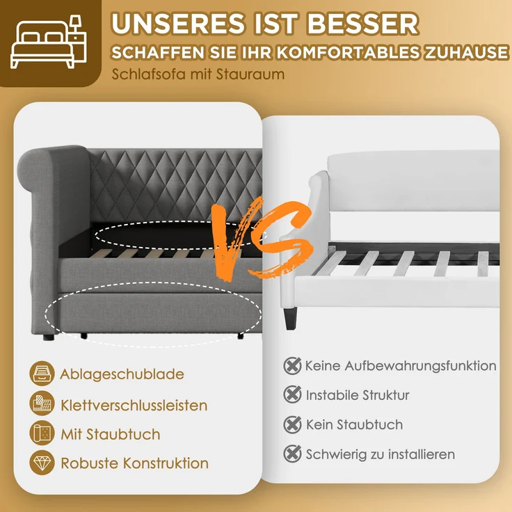 Polsterbett 90x200 cm mit 2 Schubladen – elegantes Schlafsofa in Grau, ohne Matratze – Bild 6