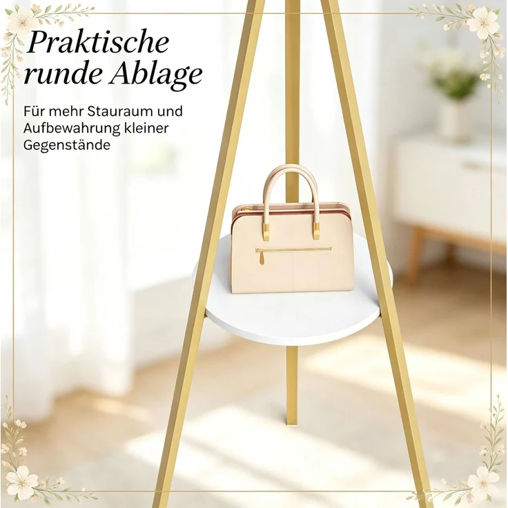 Garderobenständer 45,5 x 180 x 45,5 cm mit 9 Haken und runder Ablage – Metall und MDF, Gold – Bild 5