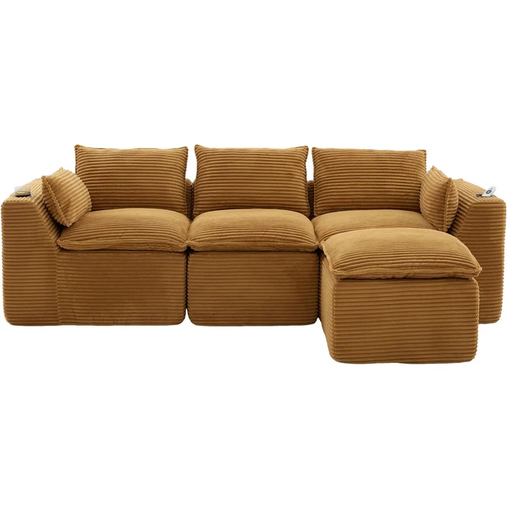 Modulares 3-Sitzer Sofa mit Hocker, B 256 x T 161 x H 75 cm, aus orangefarbenem Cord – Bild 7