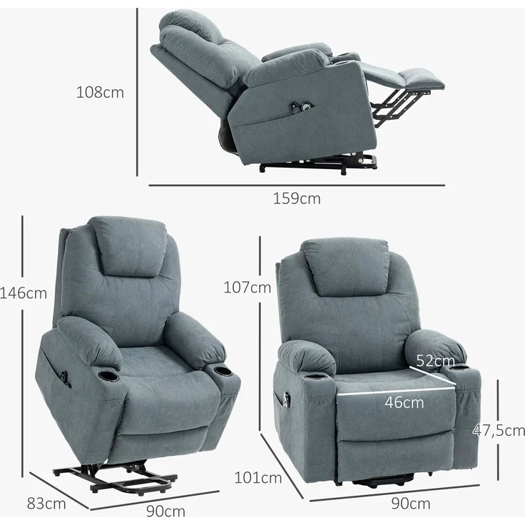 Wohnora-Massagesessel Aufstehhilfe Seniorensessel, 8 Massagepunkte, Seitentaschen, Fernbedienung, 90L x 101B x 107 cm, Grau,H 1070cm x T 1010cm x B 900cm,Dunkelgrau – Bild 4