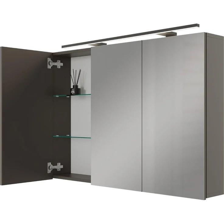 Planetmöbel ARIA Spiegelschrank Bad mit Beleuchtung 120 cm breit | Badschrank hängend mit Spiegel | Anthrazit, mit Leuchte und Steckdose, Spiegelschrank Gäste WC 120 x 70 x 16 cm – Bild 1