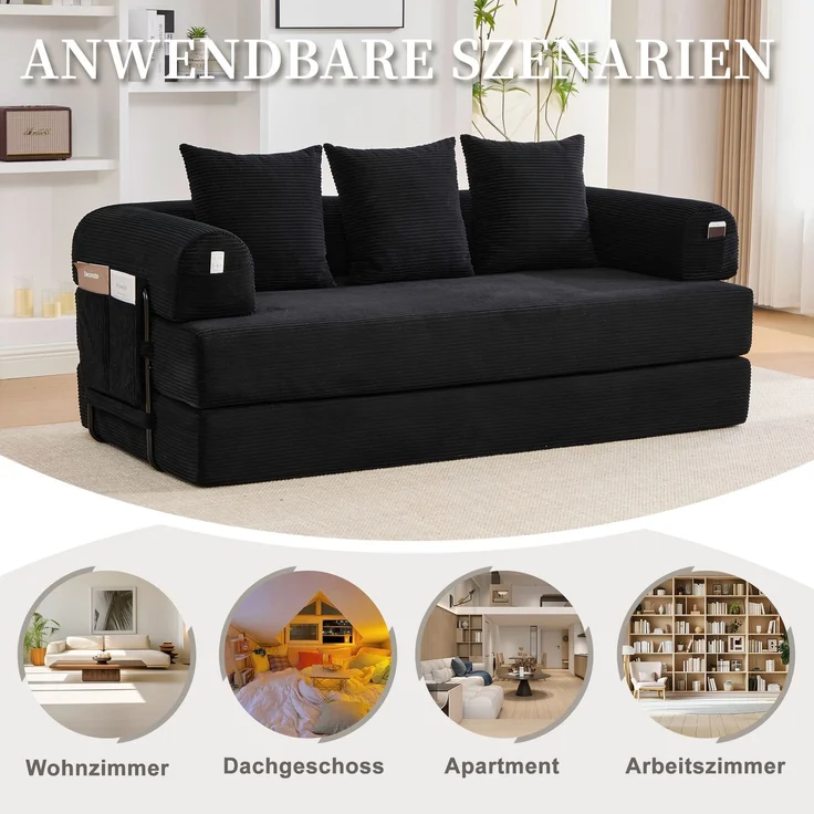 ZUBALIYA Ecksofa 94x67 cm, mit Leiter, mit Cordbezug, mit breiten Armlehnen, modular aufgebaut, mit Schaumstoffpolsterung, Schwarz – Bild 9
