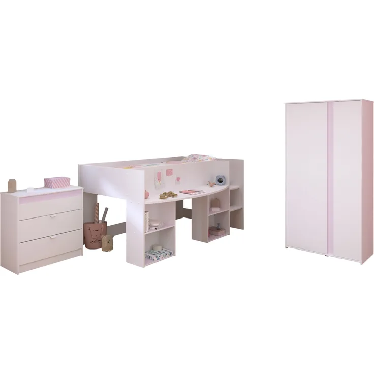 Jugendzimmer-Set >Pirouette 12< (3-teilig) in Weiss, mit drehbaren Elementen in Rosa oder Grau