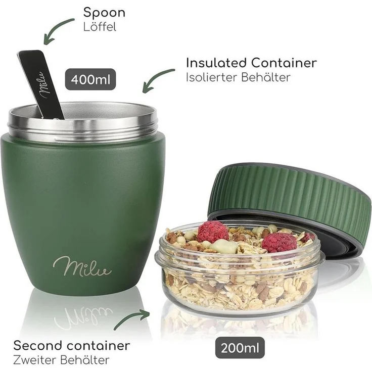 Milu Müslibox Müslibecher To Go Edelstahl 400 ml, isoliert, auslaufsicher, Müslimax Set – Bild 4