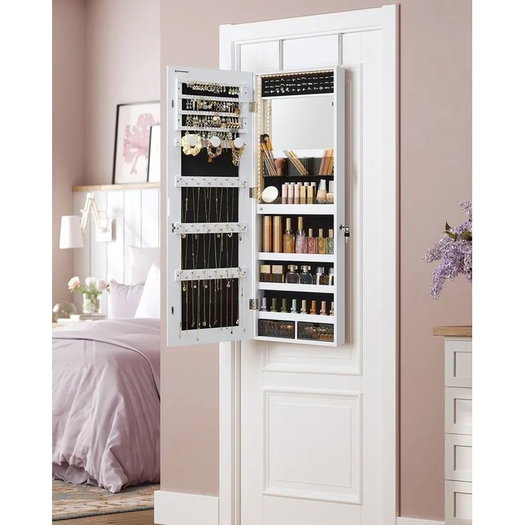 Songmics Schmuckschrank mit LED-Beleuchtung und Spiegel, verschließbar, MDF weiß, 37,5 x 9,7 x 108 cm