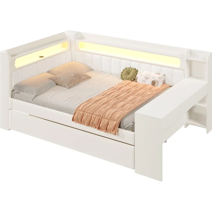Stauraumbett mit gepolstertem Kopfteil, Schreibtisch und LED-Beleuchtung (140x200cm, Lattenrost, Regal, Gästebett, USB und Type-C), Doppelbett – Bild 4